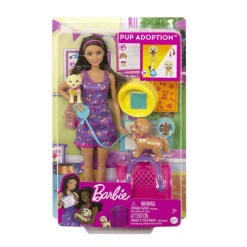 Barbie Adopta perritos Muñeca con vestido morado perritos mascota y accesorios para cuidarles juguet