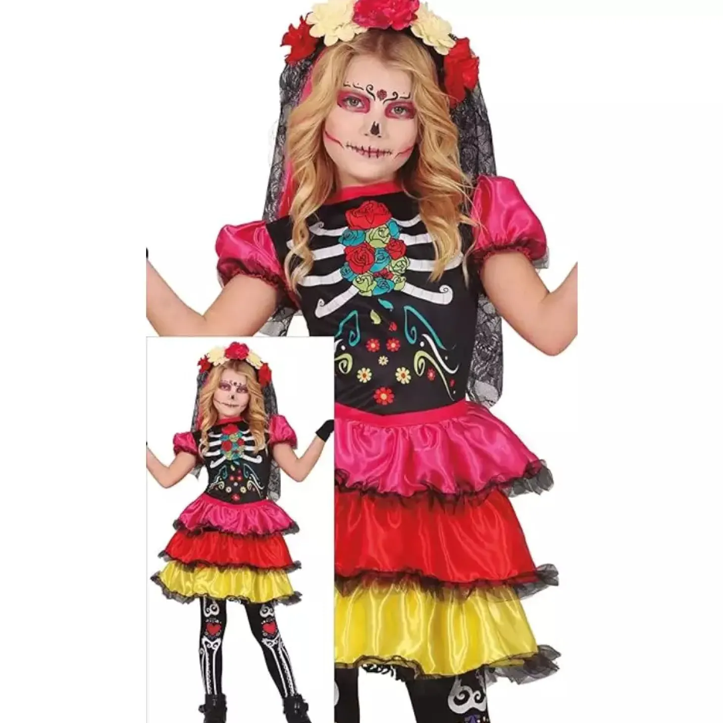 Disfraz Catrina con Falda de 3 Colores Infantil T. 7-9