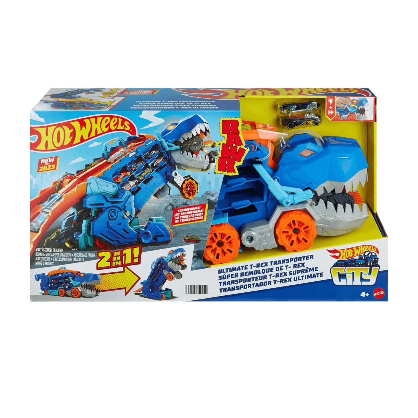 Hot Wheels City Camión tráiler Camión que se transforma en Tiranosaurio Rex pisoteador con pista de