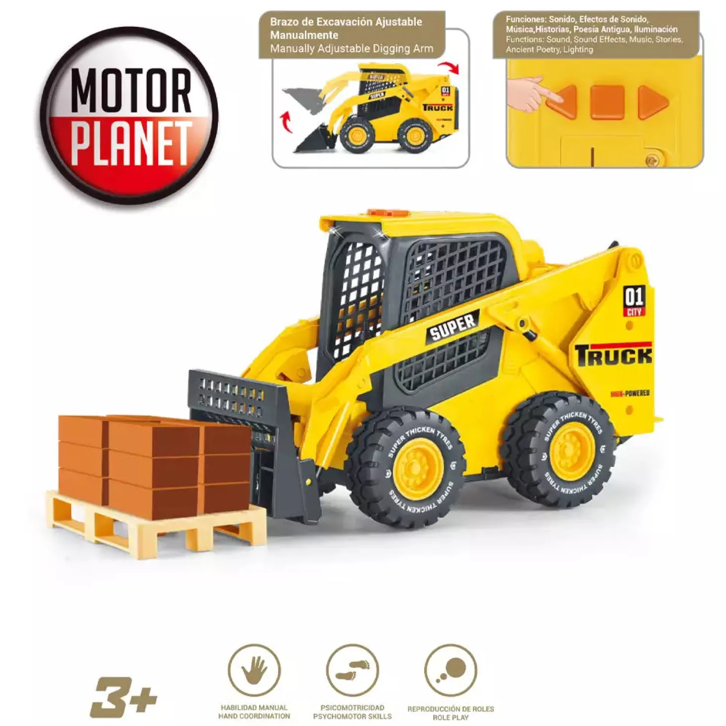 Minicargadora con luz, sonido y brazo ajustable