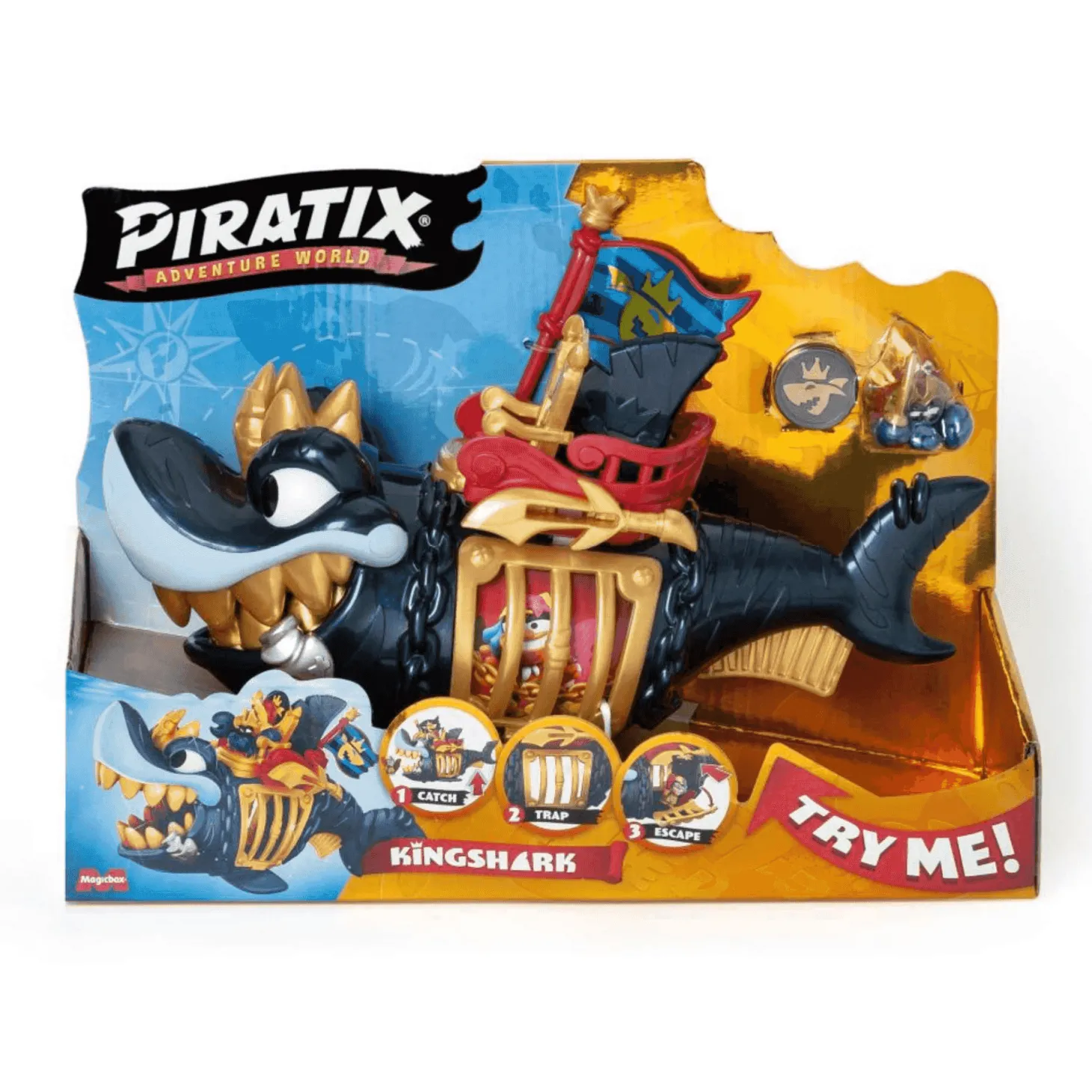 Piratix King Shark Golden Teeth - Tiburón Articulado con Figura